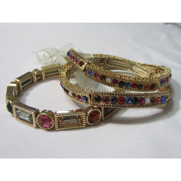 Multi Color Gold Tone Bead Stretch Bracelet Set 6" Wristlet Boho Quite Luxury - Picture 2 of 8